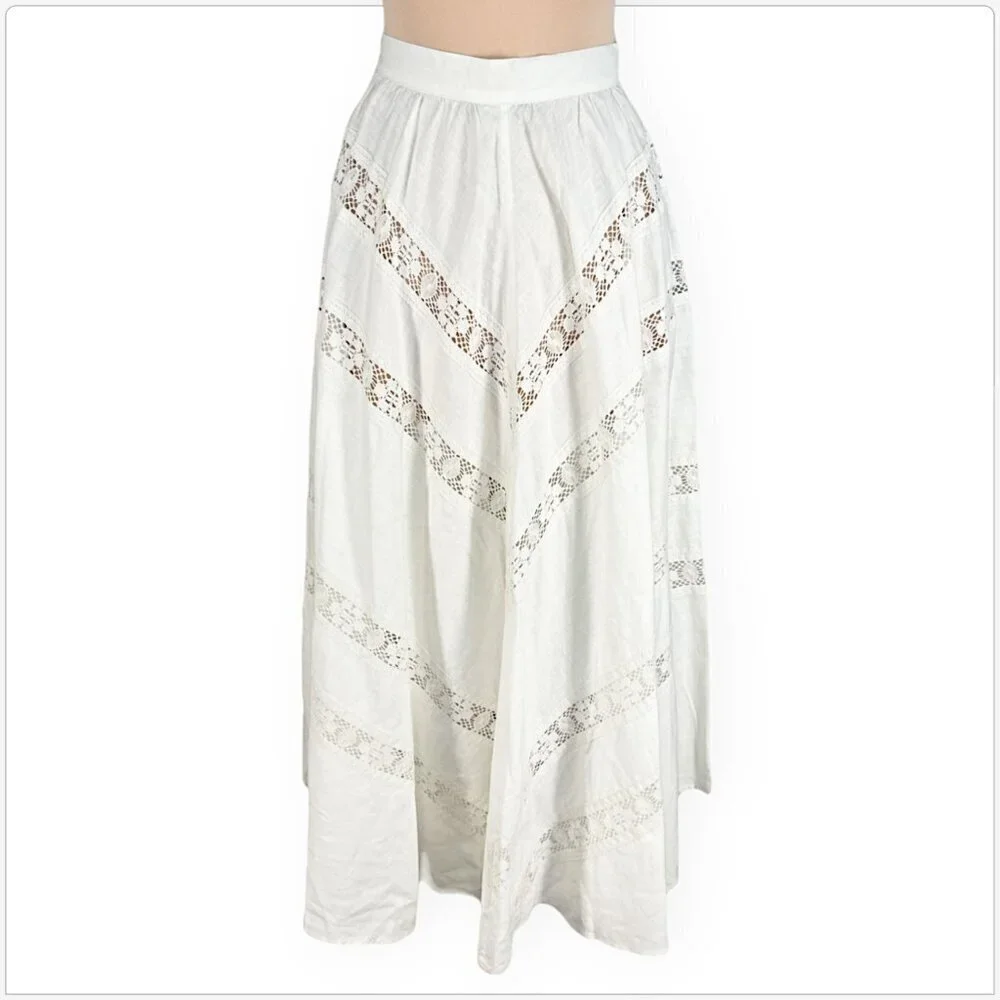 Jona Vintage Vtg White Cream Irish Linen Lace Inset Panel Full Midi Boho Skirt 8